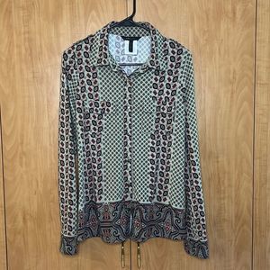 BCBG Maxazria long sleeve button down blouse. Tan black and red print